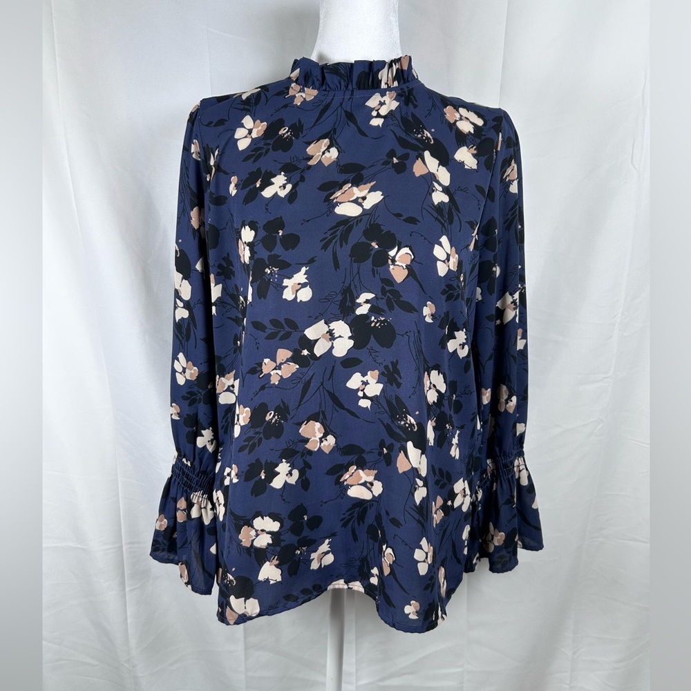 Veronica M Floral Ruffle Blouse Women’s Small Navy Blue High Neck